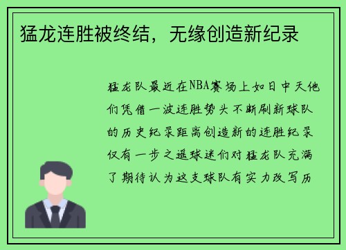 猛龙连胜被终结，无缘创造新纪录